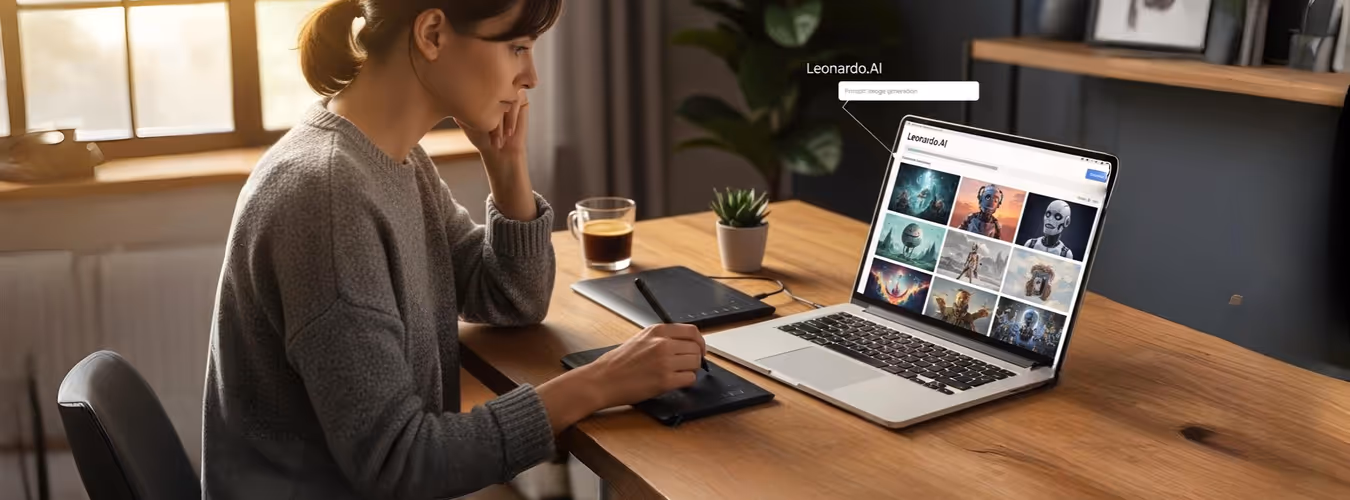 Mulher usa Leonardo AI no notebook para criar imagens digitais