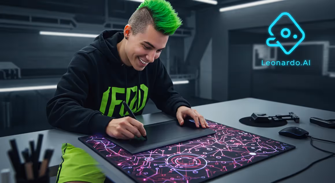 Jovem cria arte digital em mesa gráfica com Leonardo AI