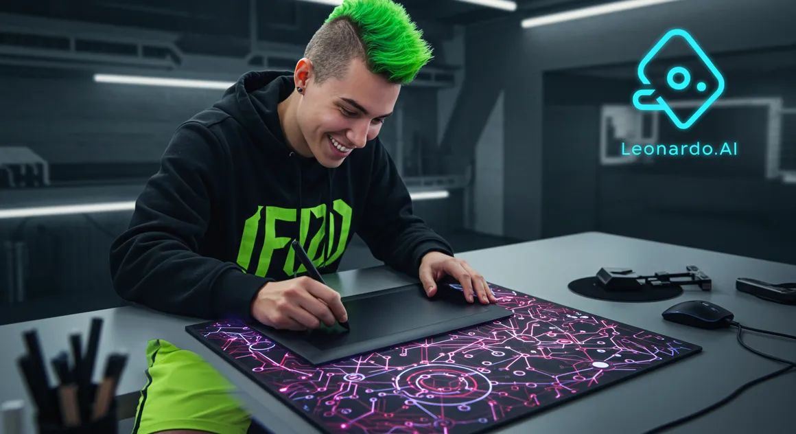 Jovem cria arte digital em mesa gráfica com Leonardo AI