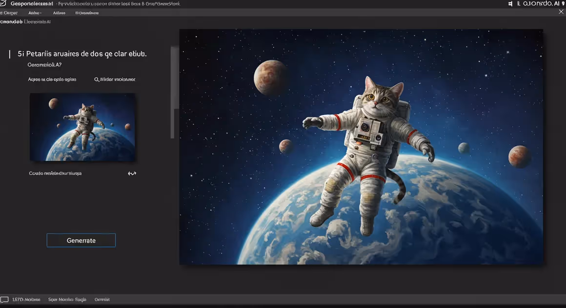 Gato astronauta flutua no espaço com planetas ao fundo