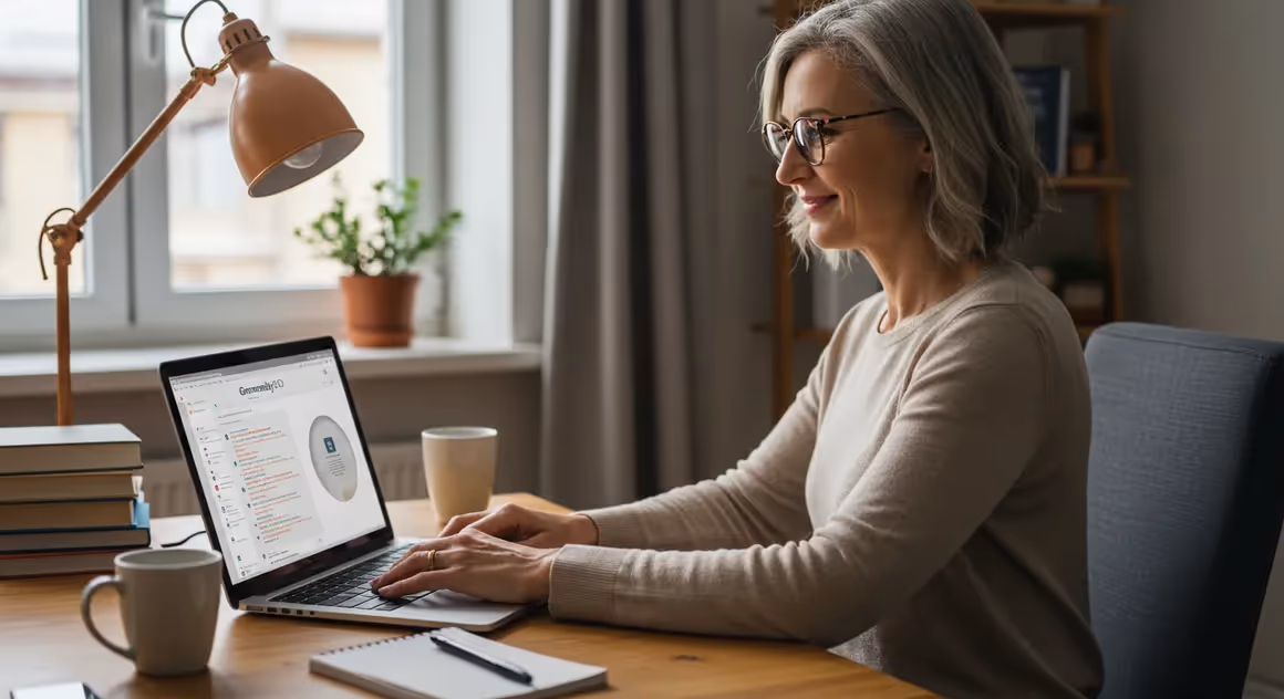 Mulher madura usando laptop com GrammarlyGO em casa.