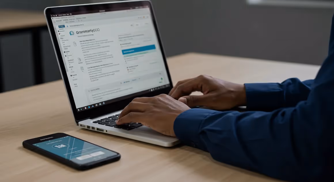 Mãos digitando em laptop com GrammarlyGO, celular na mesa.
