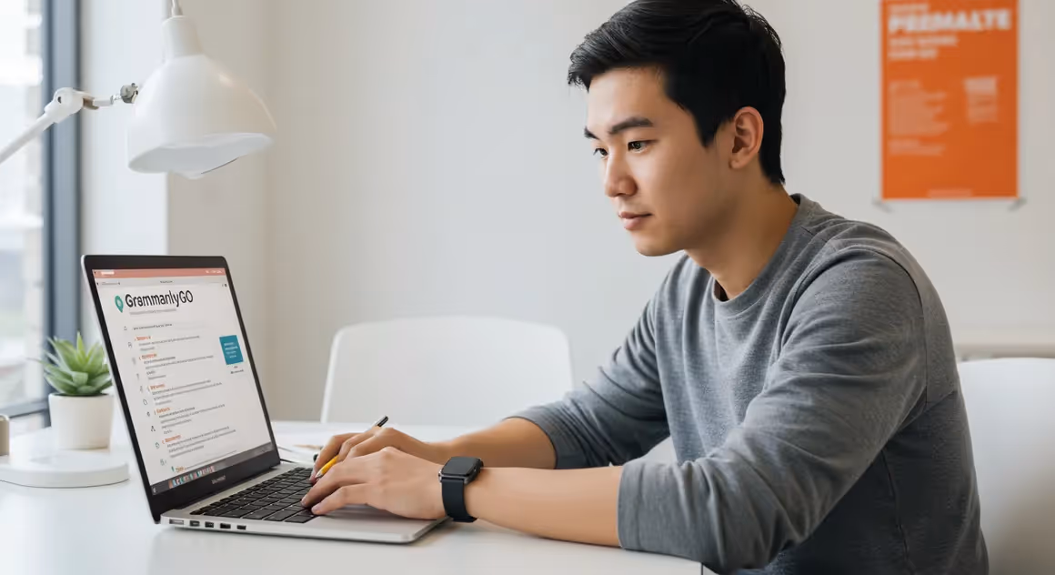 Jovem usando laptop com GrammarlyGO em escritório claro.
