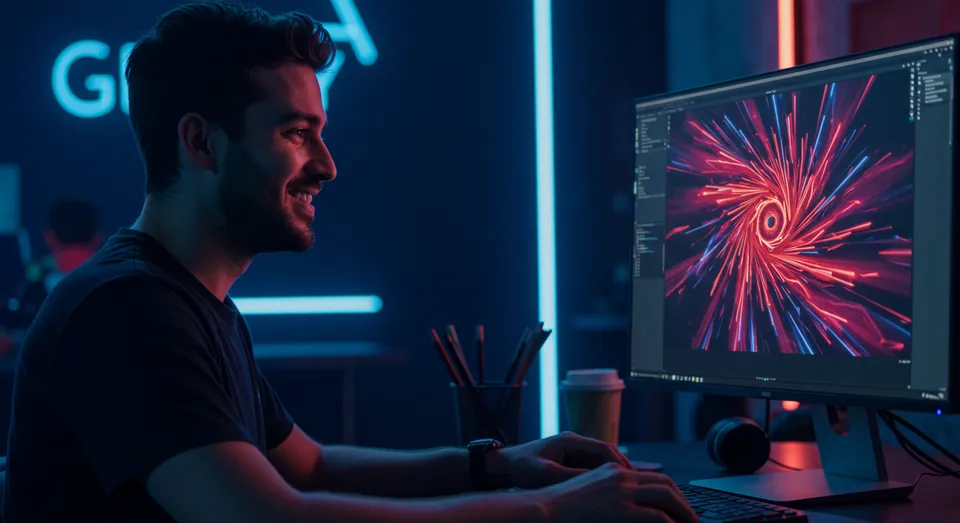 Designer cria arte digital colorida em monitor