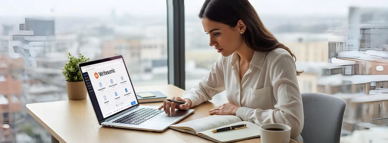 Mulher trabalhando com Writesonic em laptop no escritório