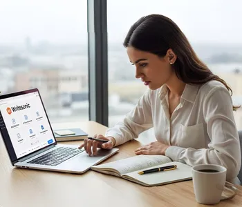 Profissional usando Writesonic em notebook com anotações