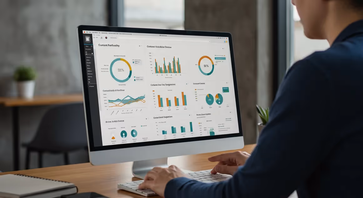 Profissional analisando dashboards de dados no computador