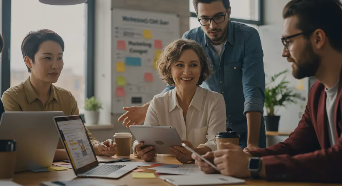 Equipe reunida em mesa de trabalho discutindo estratégia