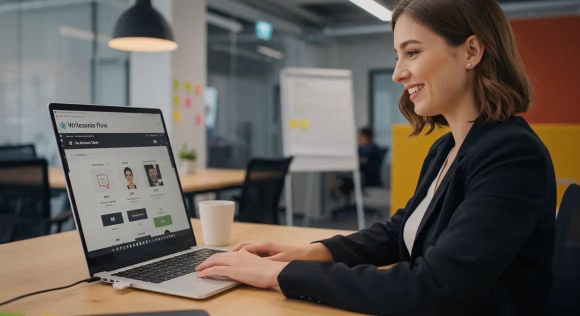 Mulher sorridente usando Writesonic Flow em notebook