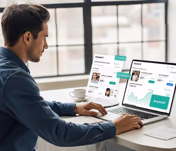 Analista trabalhando em laptop com dados otimizados