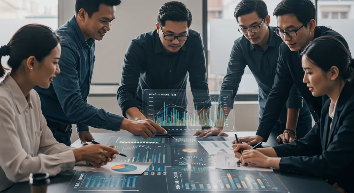 Equipe reunida discutindo dados em mesa digital