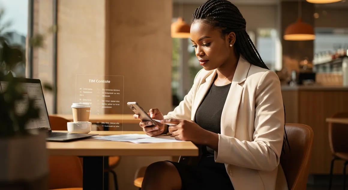 Executiva usando celular e laptop em ambiente moderno