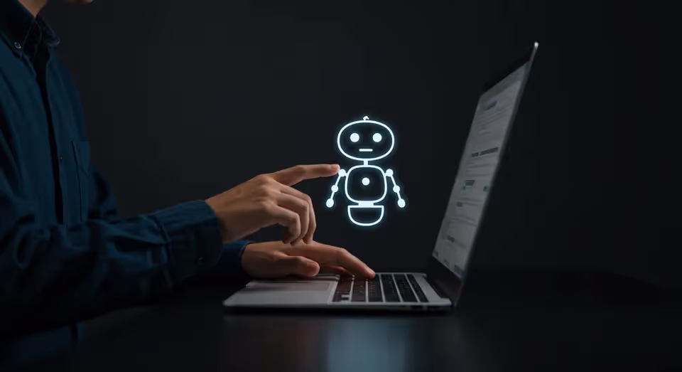 Usuário toca ícone de robô flutuante diante do laptop.