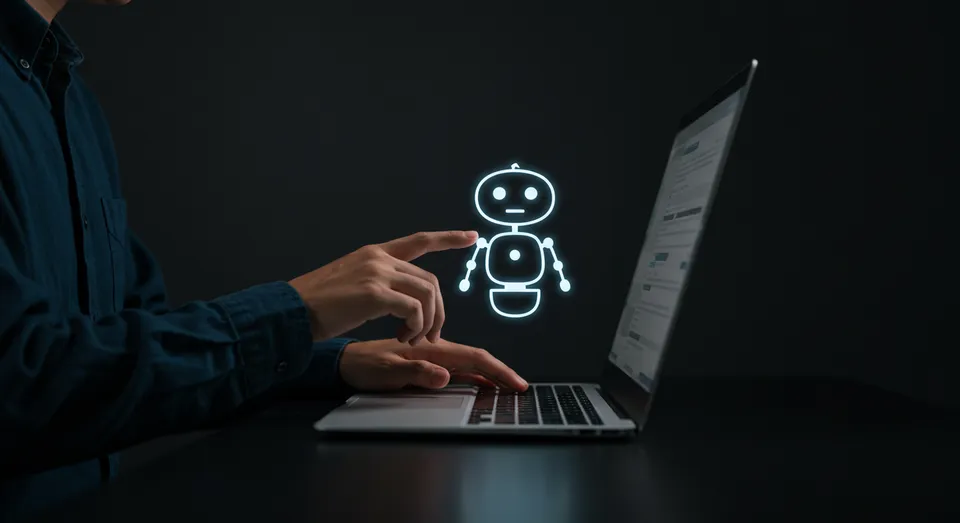 Usuário toca ícone de robô flutuante diante do laptop.
