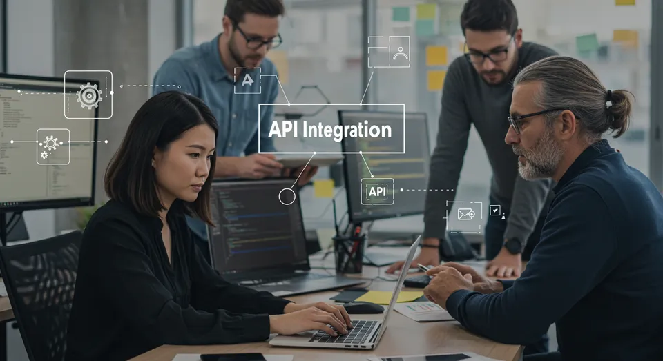 Equipe de TI trabalha em integração de APIs no escritório.
