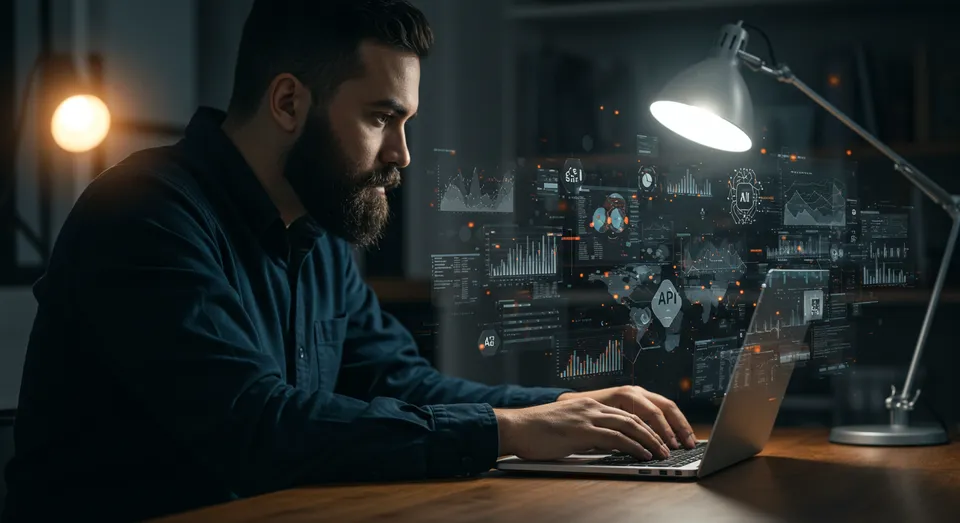 Analista usa notebook sob luminária; dashboards e gráficos flutuam.