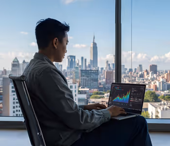 Profissional usando laptop com gráficos em frente à cidade