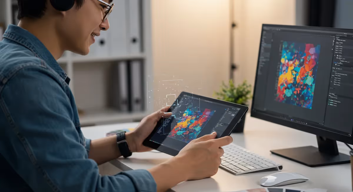 Designer sorridente usando tablet e monitor para criar arte digital