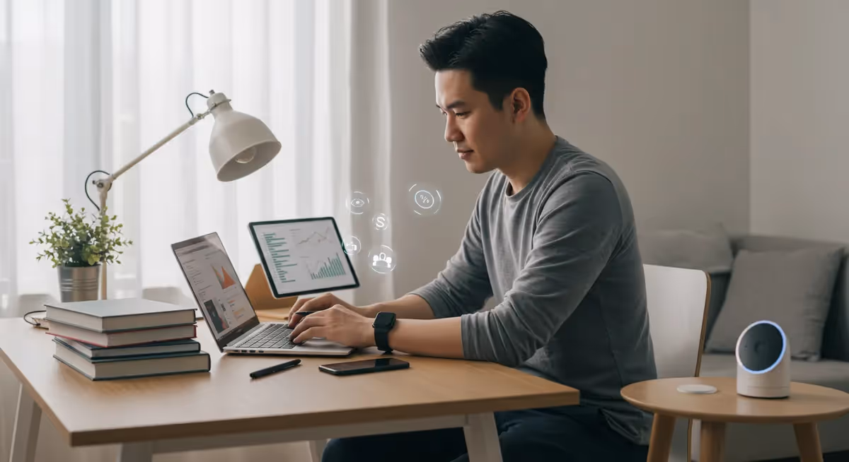 Homem trabalhando em home office com gráficos no laptop