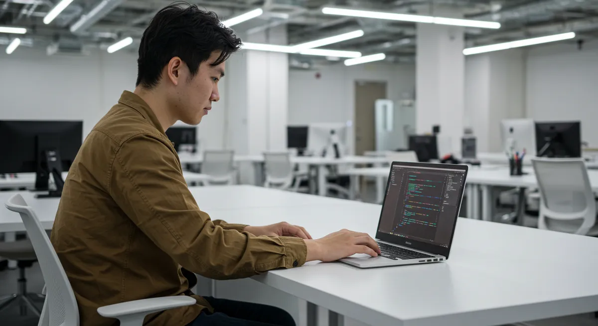 Programador escrevendo código em laptop dentro de escritório