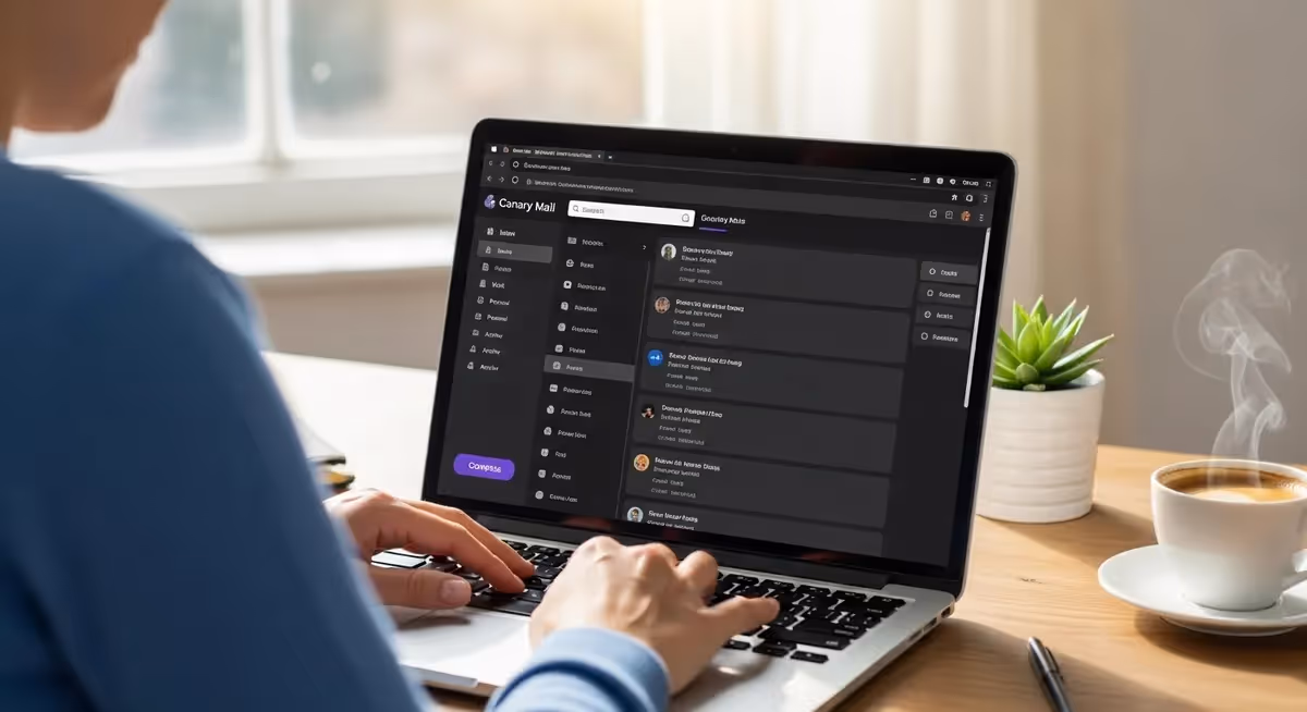 Pessoa usando Canary Mail no laptop em interface escura e e.