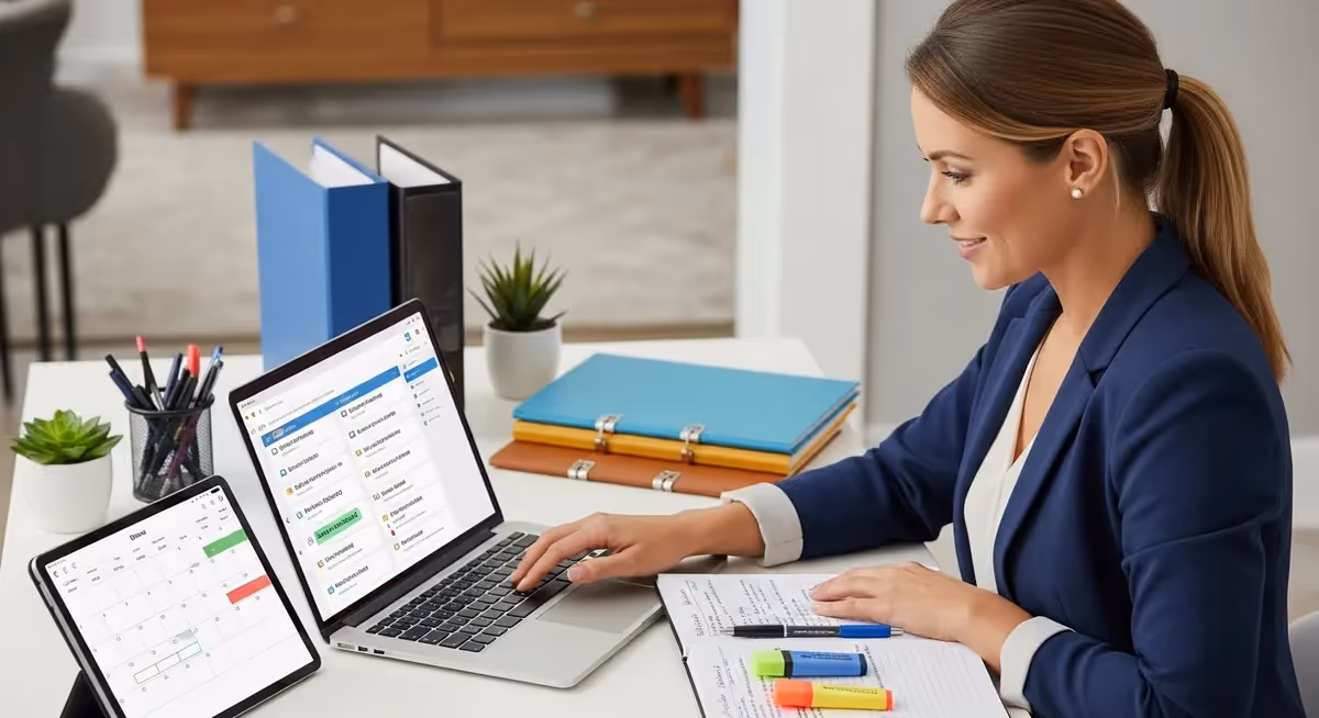 Profissional organiza emails no desktop com calendário e e e