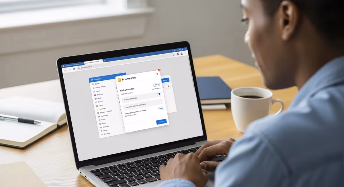 Homem usa Boomerang no navegador laptop em mesa de trabalho
