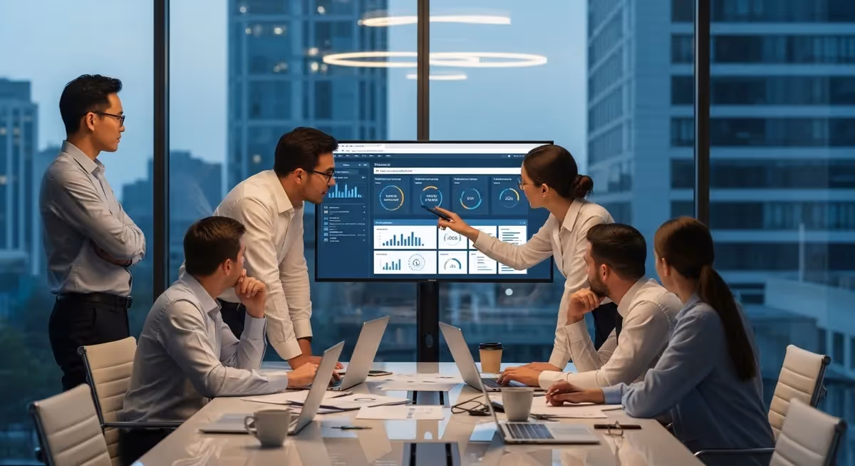 Equipe de negócios analisa gráficos em reunião corporativa