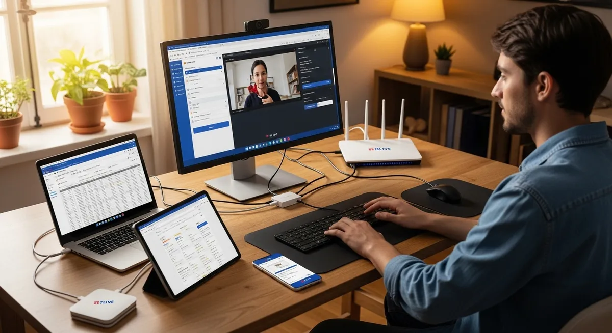 Homem trabalha remoto com múltiplos dispositivos conectados
