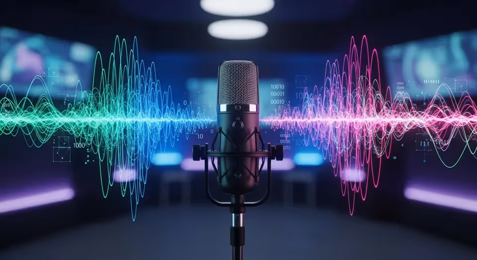 Microfone em estúdio com ondas sonoras digitais coloridas ao redor.