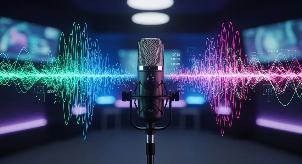 Microfone em estúdio com ondas sonoras digitais coloridas ao redor.