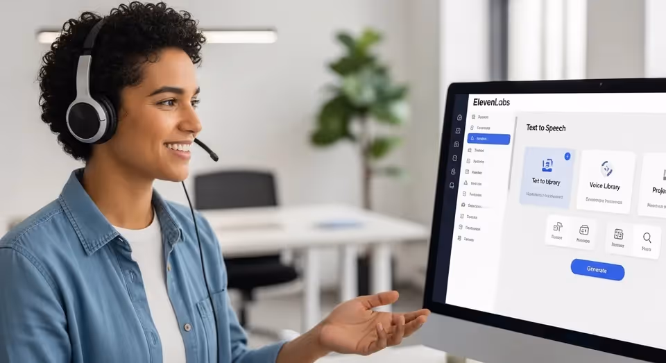 Mulher com headset usando ElevenLabs em monitor para TTS.