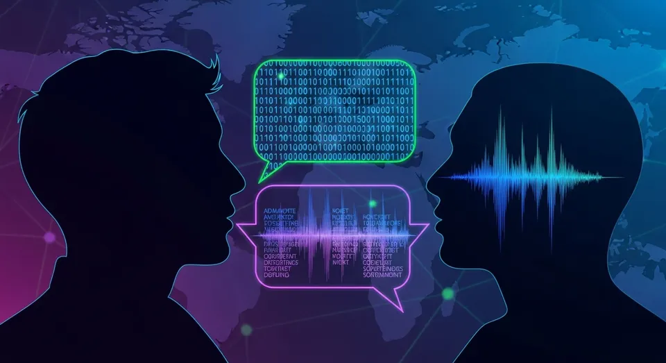 Silhuetas conversando com balões de fala em binário e ondas sonoras.