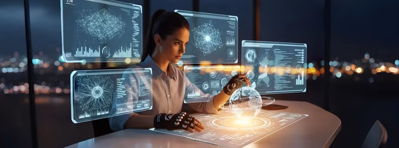 Mulher interage com hologramas e globo digital futurista.