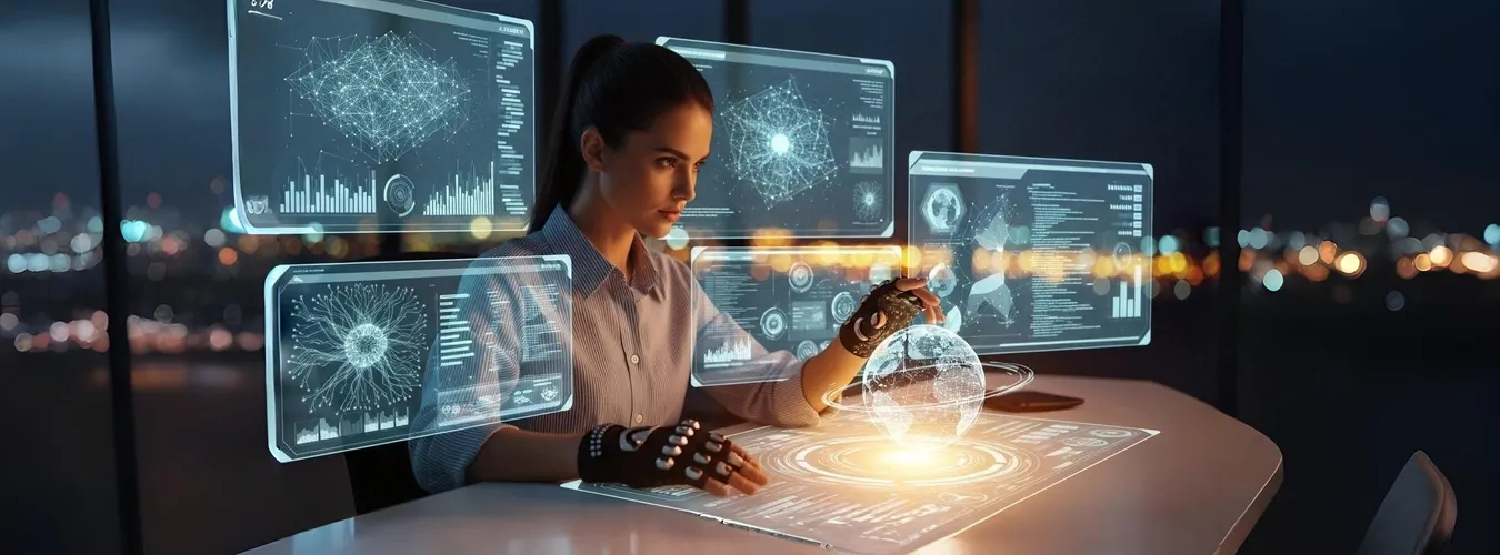 Mulher interage com hologramas e globo digital futurista.