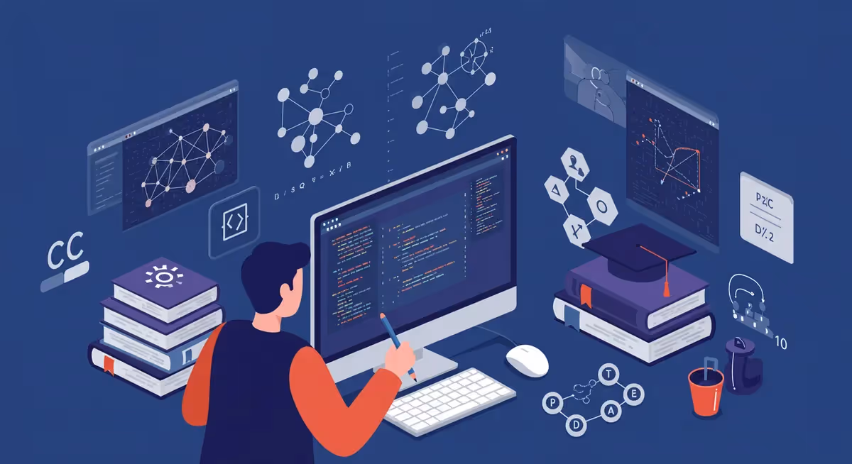 Ilustração de programador estudando e codificando IA.