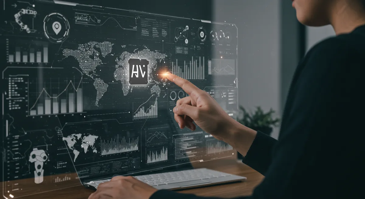 Pessoa toca holograma com gráficos e mapa digital mundial.