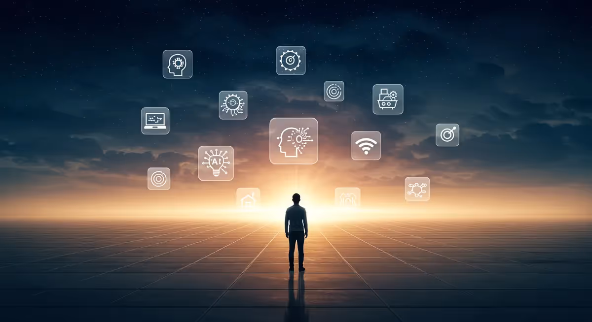 Silhueta contempla ícones de inteligência artificial no céu.