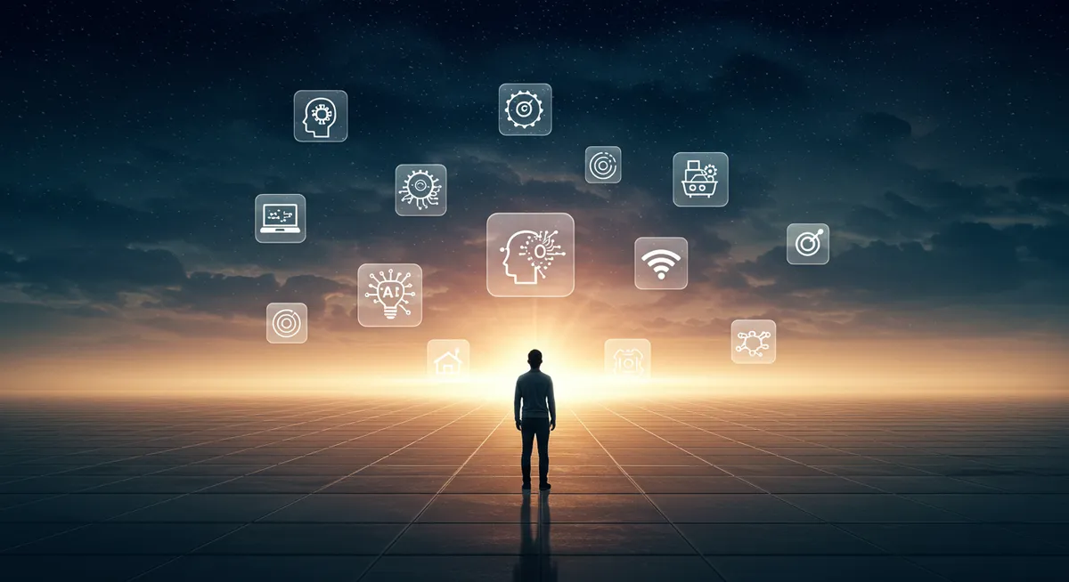 Silhueta contempla ícones de inteligência artificial no céu.