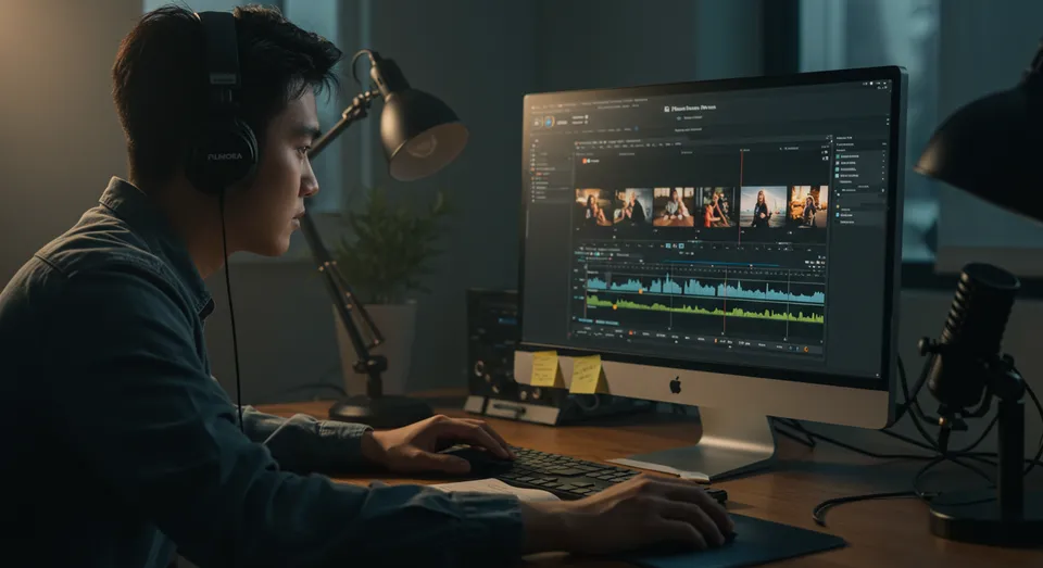 Homem editando vídeo em computador com fones e ambiente escuro
