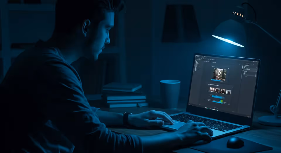 Homem editando vídeo à noite em notebook iluminado por abajur