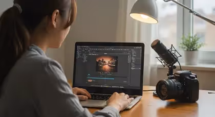 Mulher editando vídeo profissional em laptop com câmera e microfone