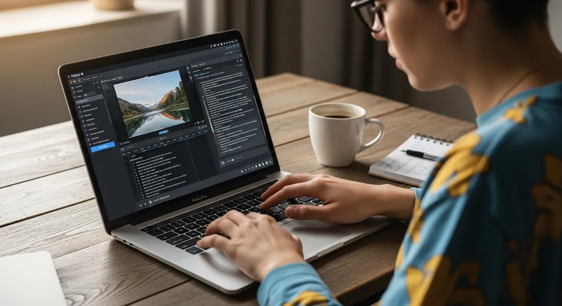 Pessoa edita vídeo no notebook com café e bloco sobre a mesa