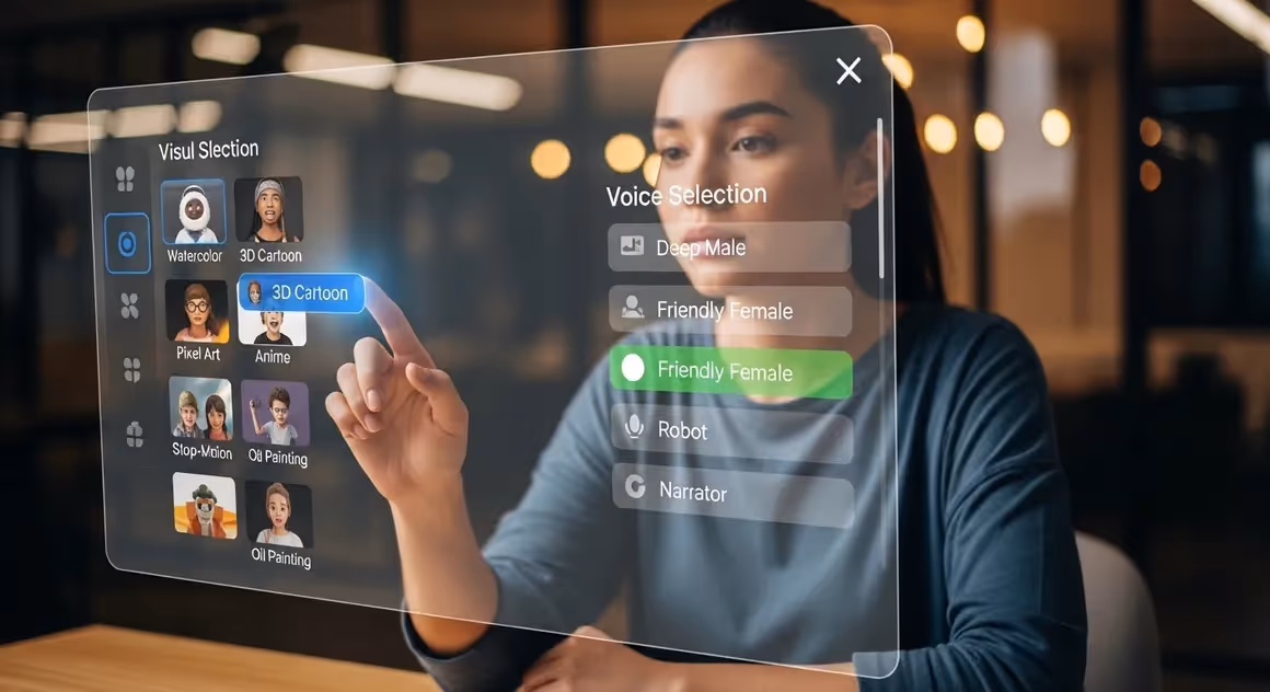 Mulher escolhe estilo 3D e voz feminina em painel AR moderno