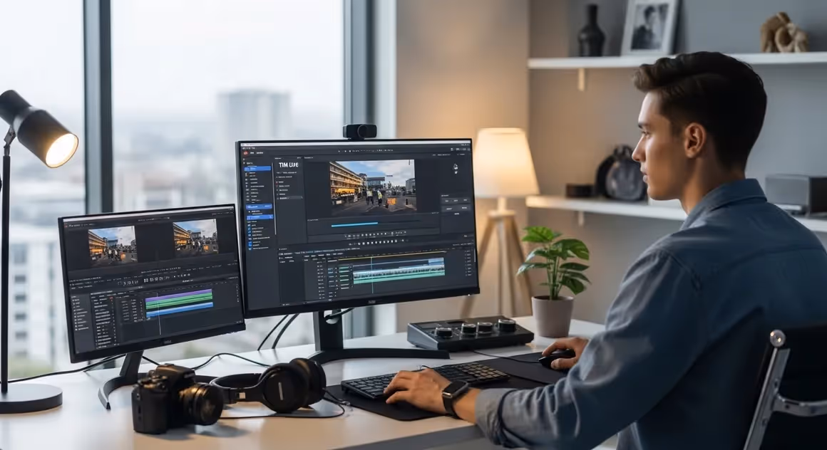 Editor de vídeo usa dois monitores, timeline em execução já.
