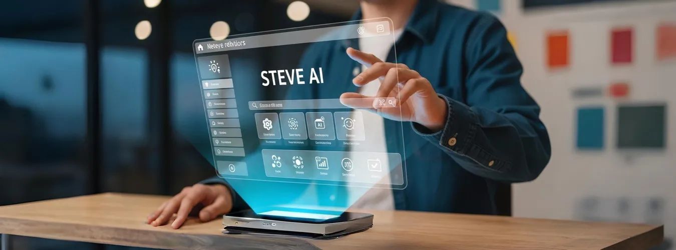 Homem opera painel holográfico STEVE AI em ambiente criativo