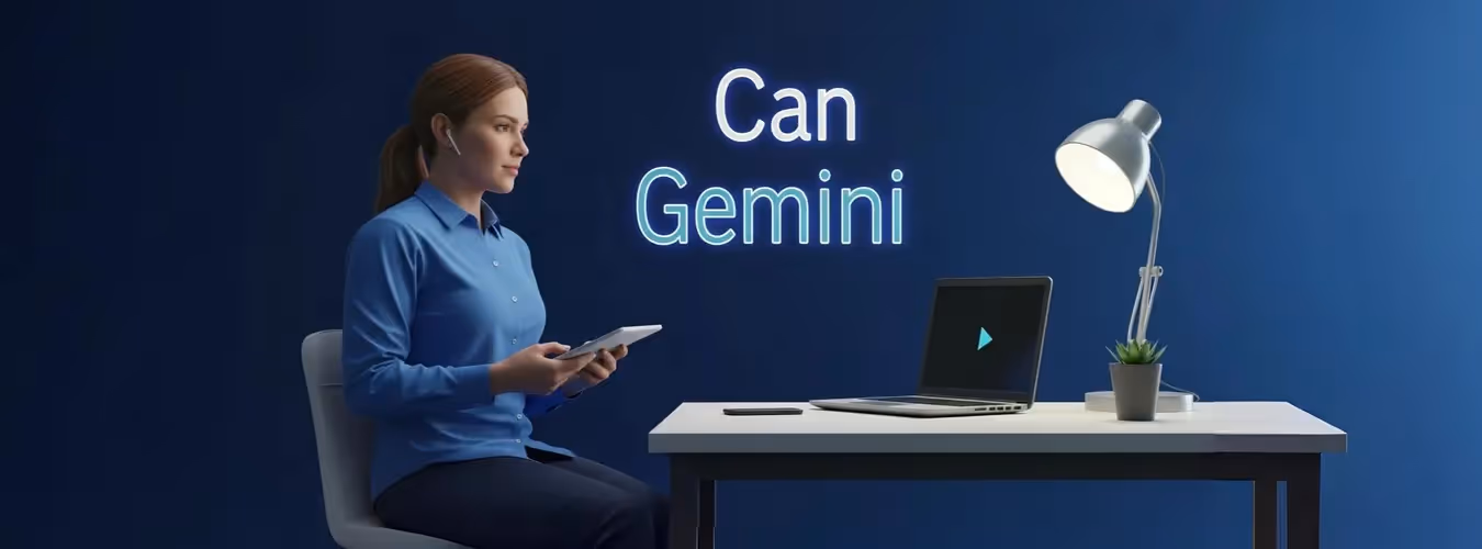 Mulher usando tablet ao lado de notebook com texto Can Gemini