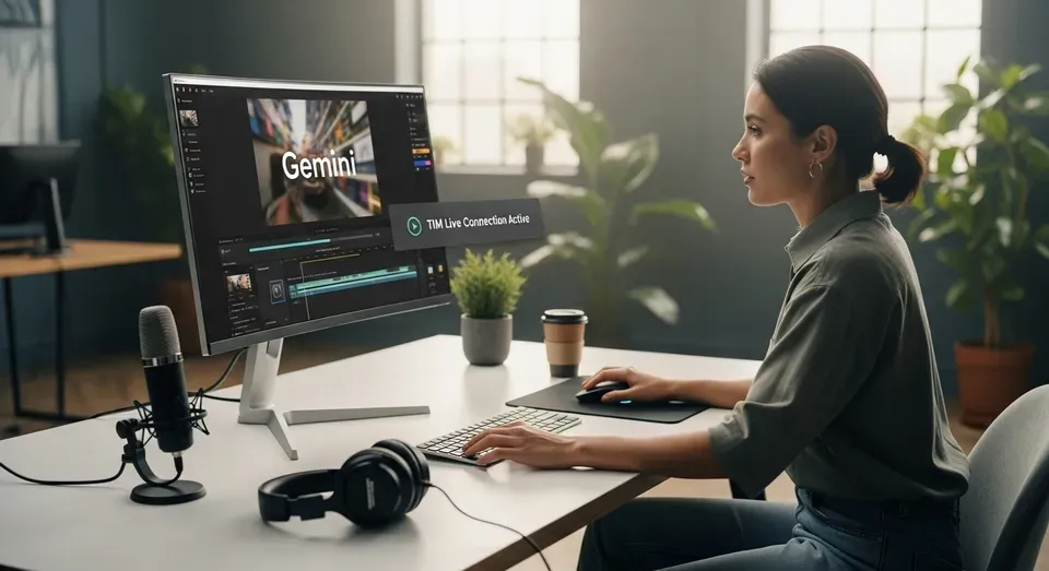 Profissional editando vídeo no computador com sistema Gemini