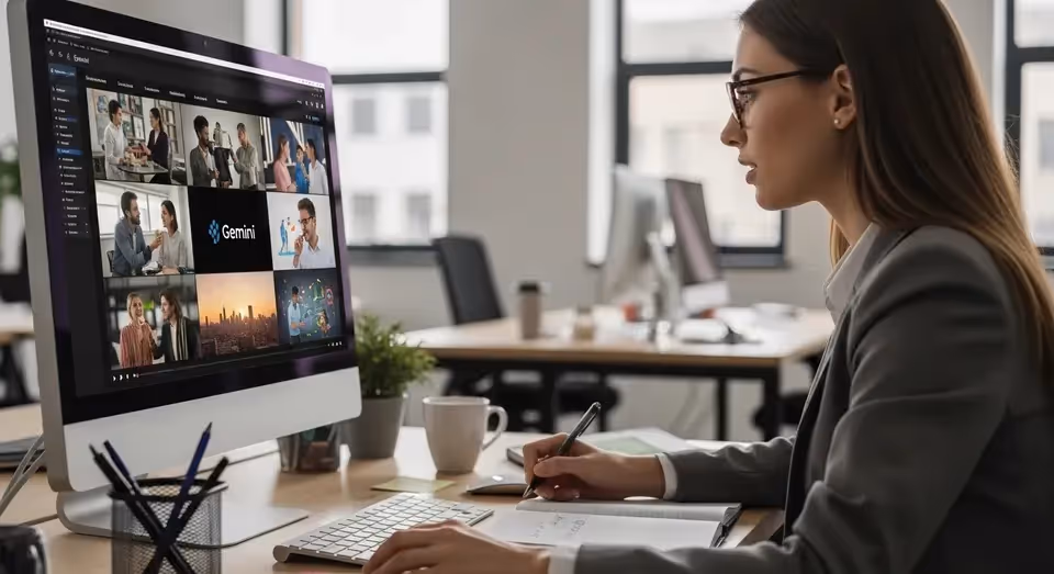 Mulher em escritório participando de videoconferência Gemini