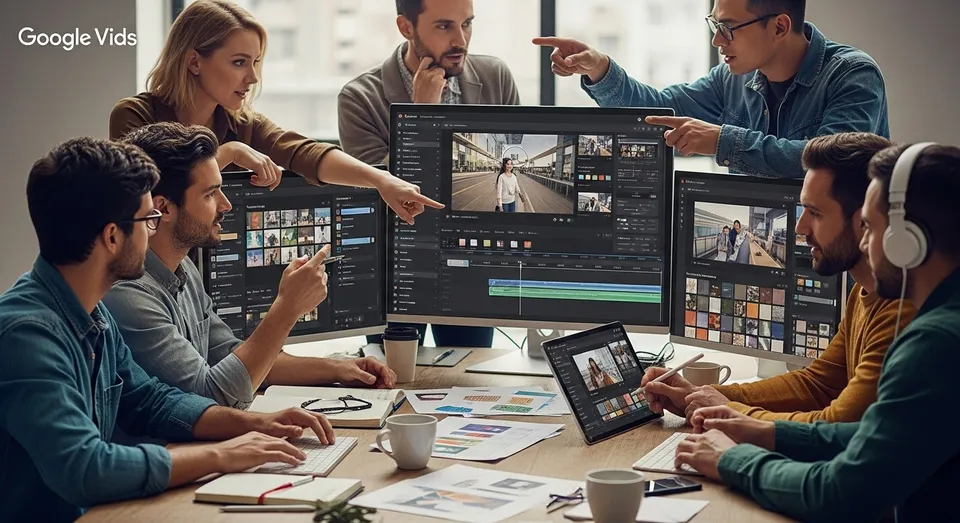 Equipe colaborando em edição de vídeo no Google Vids